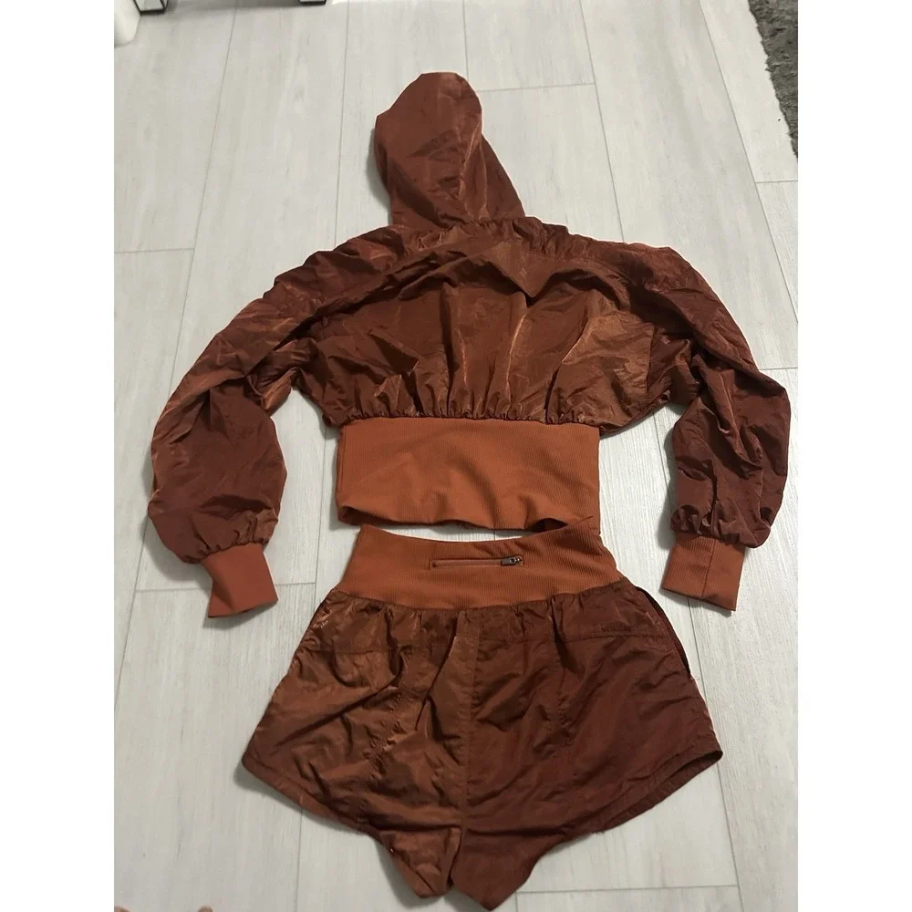 Free People Movement Start Me Up Hoodie Jacket & Shorts Set Sz S Bronze Color